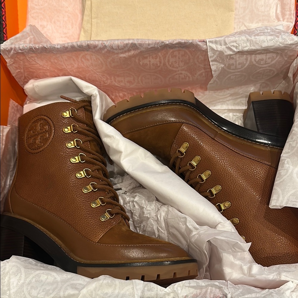 Tory Burch Brown Leather Lace-Up Boots